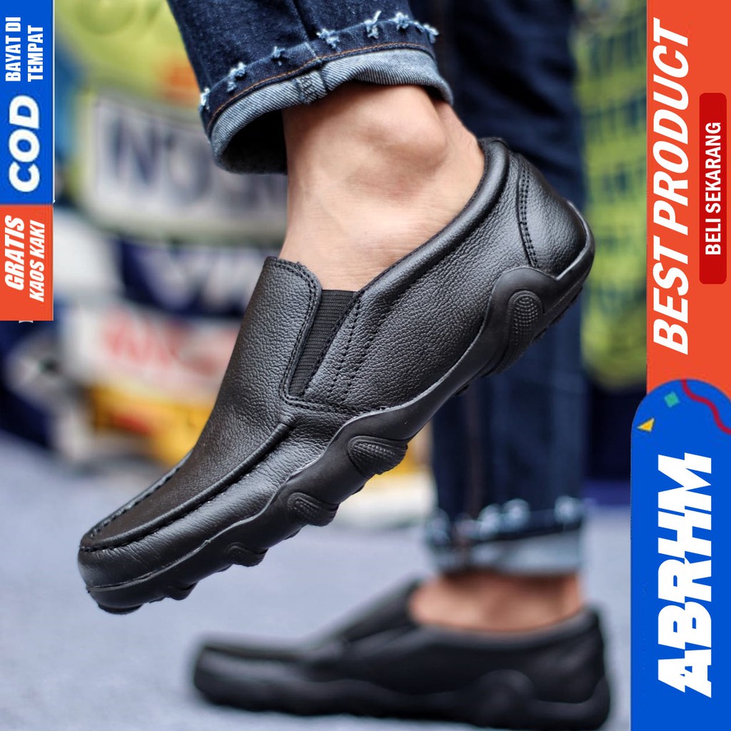 ABRHM x BARAN Sepatu Slip On Pria Sepatu Casual Pria Kulit Asli Ori Cowok/Cowo Sepatu Kerja Sepatu Kasual Semi Formal Gaya Santai Keren Kekinian Murah Original Terlaris