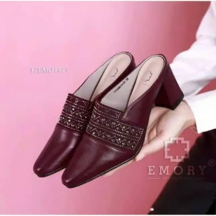 sandal wanita selop bustong sendal heels hak tahu pesta seserahan - Maroon, 40
