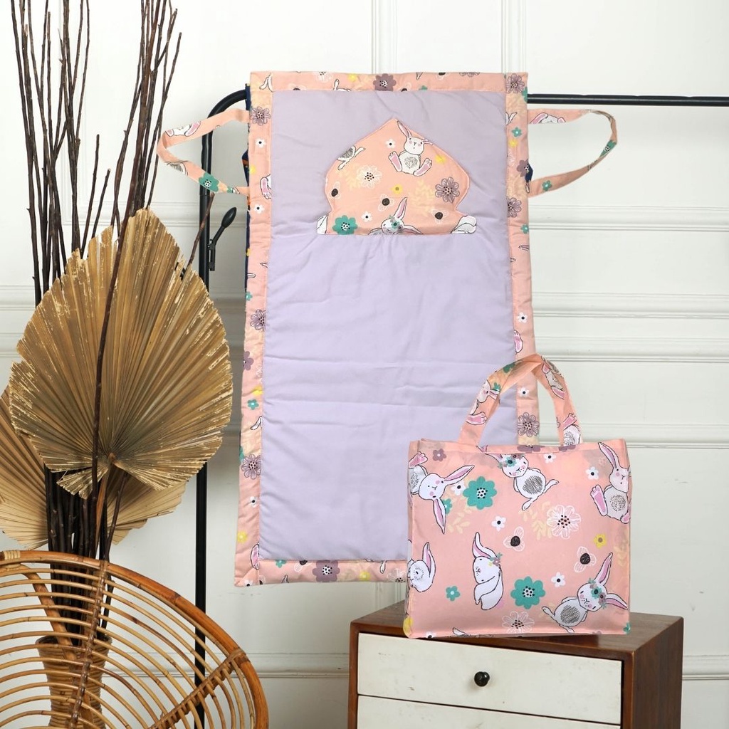Sajadah Anak + Tas Karakter / Sajadah Anak Motif / Sajadah Anak Tebal 51 x 91-Rabbit Peach
