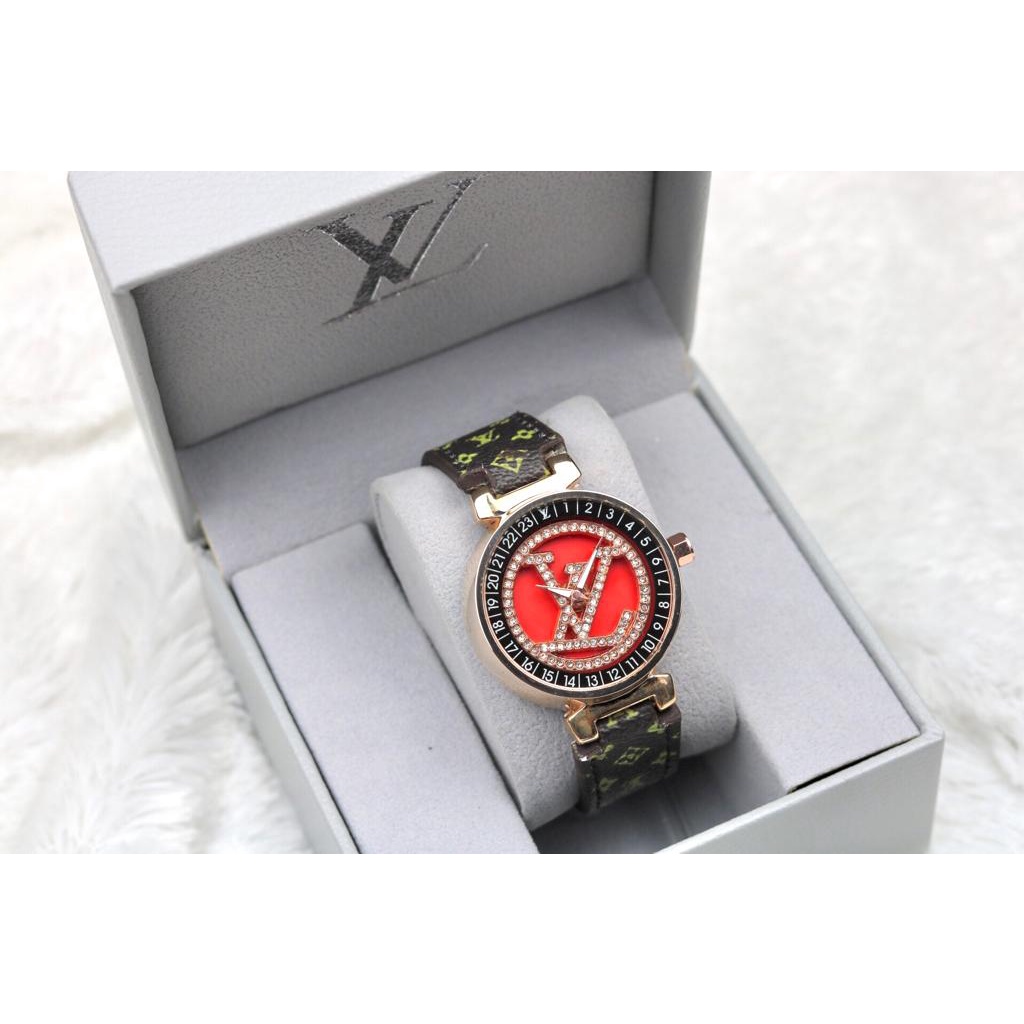 Jam Tangan Wanita Louis / LV Putar Y14K52350 Strap Kulit Free Batarei & Box [ Bisa COD ]