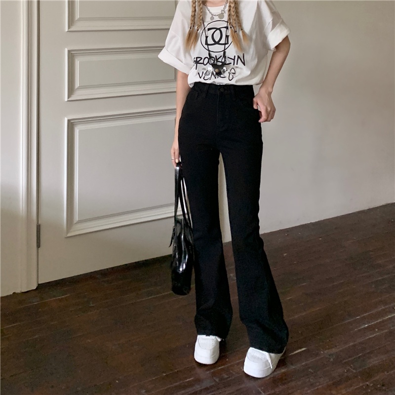 Highwaist Hitam Straight Celana Jeans Panjang Wanita / Korean Fashion Kasual Celana Cutbray Wanita