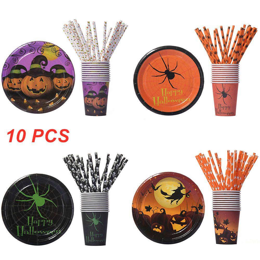 R-flower 10PCS Halloween Piring Kertas Dekorasi Pesta Pumpkin Spider Witch Tray