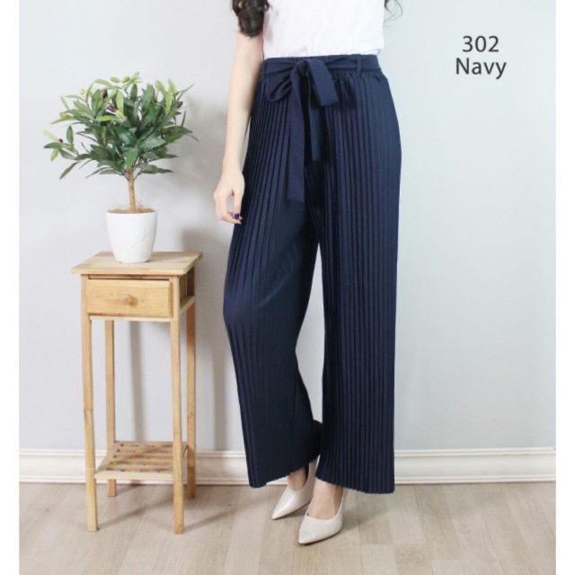302 KULOT PLISKET PANJANG TALI PINGGANG MODIS FASHION MUSLIM BAWAHAN CELANA POLOS MURAH PLEATEDPANTS-Navy