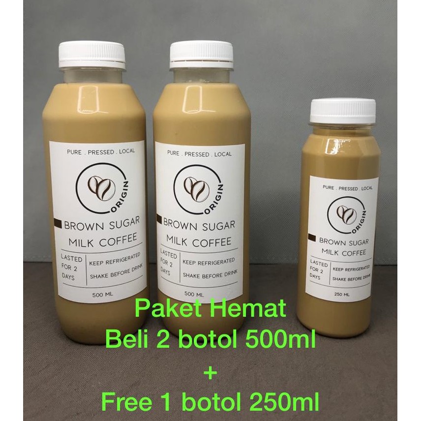 

Kopi Susu Gula Aren 500ml. PAKET beli 2 botol Gratis 1 botol 250ml.