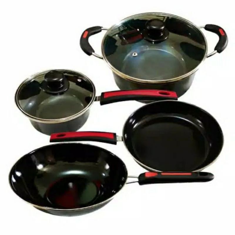 Panci Set Enamel / Panci Enamel Anti Lengket / Panci set 6 pcs / Wajan Set / Teflon Set Anti Lengket