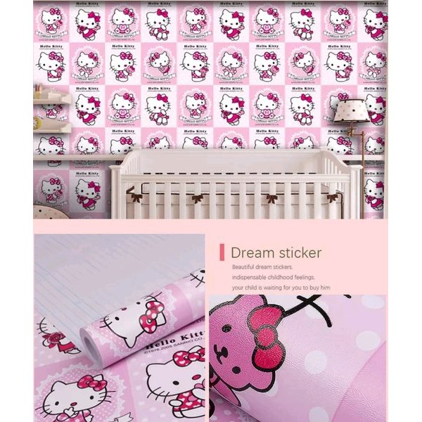 Wallpaper Sticker Dinding Motif Hello Kitty Kotak Kilap Panjang 10Meter x Lebar 45CM