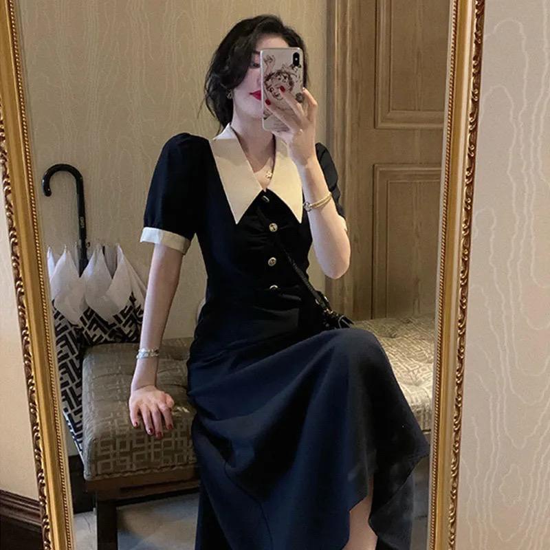 [littlecrab] Dress Panjang Lengan Pendek Berkerah Kancing Kayu X Biru Dongker Hitam Two Tone Long Dress Kerja Acara Simple Elegan Berkualitas Simply Korean Style