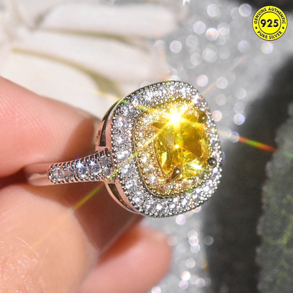 Cincin Berlian Kuning Bentuk Kotak Bahan S925 Silver