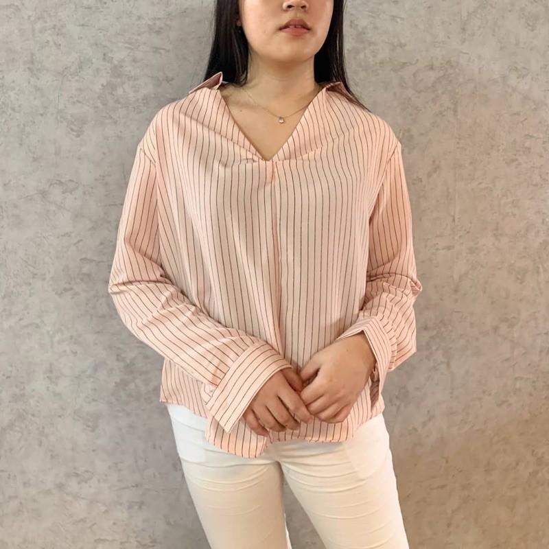 Kemeja Wanita V-neck Shirt Salur | Linning V-neck Shirt Import Bahan Silk Crepe Kemeja Wanita Casual