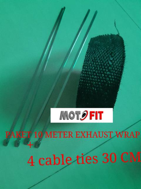 Paketan exhaust wrap 10 meter black fiber glass klem cable stainless ties knalpot motor mobil