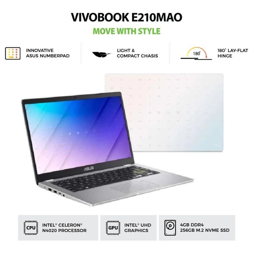 Asus Vivobook E210MAO-HD422 N4020 4GB 256GB SSD 11.6HD WIN10+OHS-WHITE