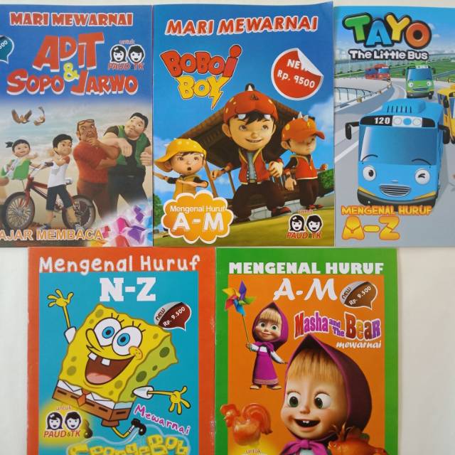 Paket 5 Buku Mewarnai Seri Kartun Tayo Boboi Boy Apongebob Marsha Adit Sopo Jarwo Shopee Indonesia