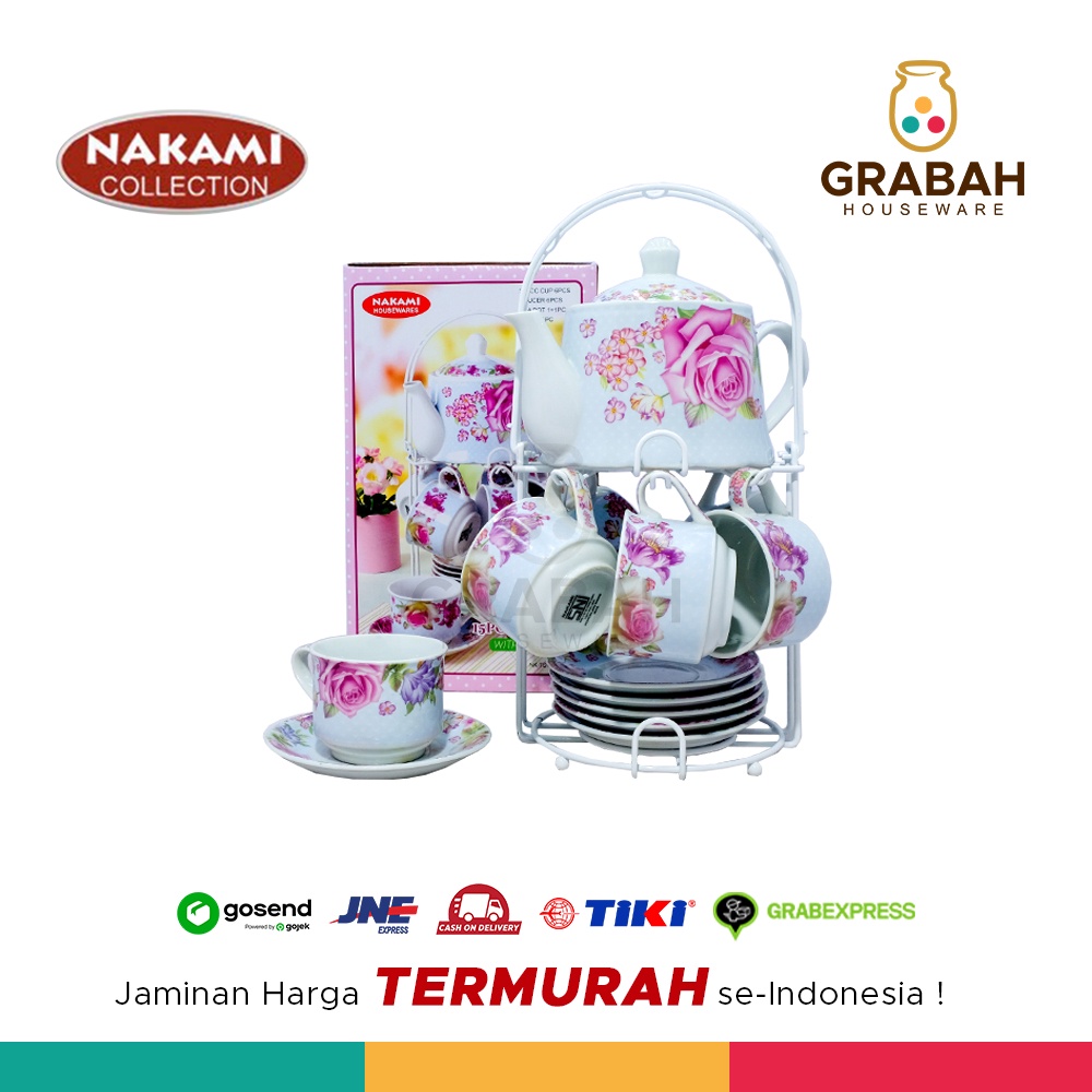 Nakami Tea Set Coffee Set Teko Cangkir Bunga Keramik 15 pcs Grabah Houseware
