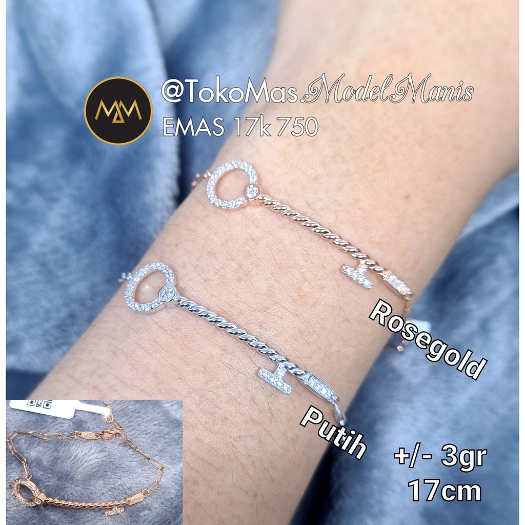 Gelang plat kunci variasi UBS emas putih rosegold 750 kadar 17k