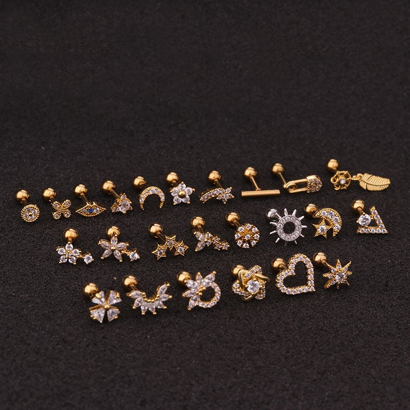 1Pc Gold Color 16g Stainless Steel Ear Cartilage Helix Screw Back Earring Stud Cz Tragus Rook Conch Piercing Jewelry