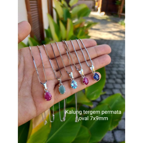 Kalung Perak Tergem Permata Ruby Blue Safir Zamrud