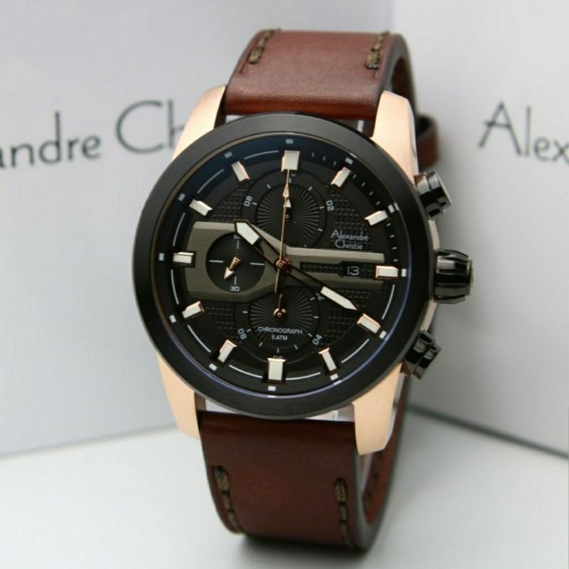 Alexandre Christie Original AC6562 Jam Tangan Pria Tali Kulit coklat rose gold
