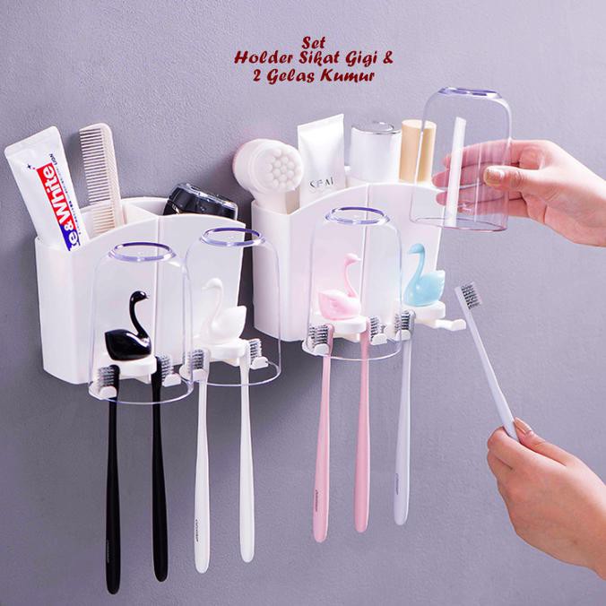 TERBARU SWAN# SET HOLDER SIKAT GIGI & 2 GELAS KUMUR (HOLDER GANTUNG SERBAGUNA) MURAH/SALE