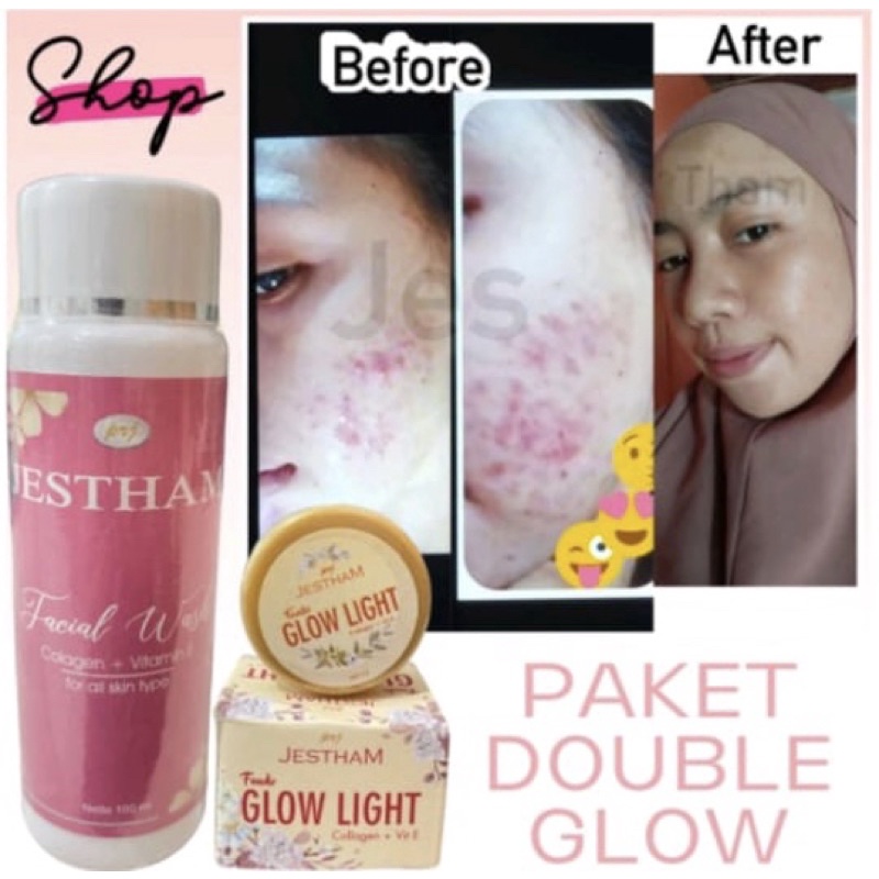 PAKET DOUBLE GLOW JESTHAM ( CREAM GLOW LIGHT & FACIAL WASH