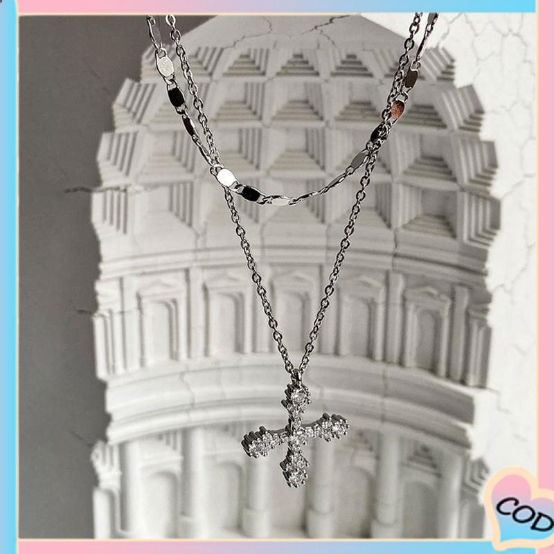 COD❤️ Hip Hop Cross Double Layer Necklace Feminin Fashion Micro Inlaid Zircon Pendant-A.one