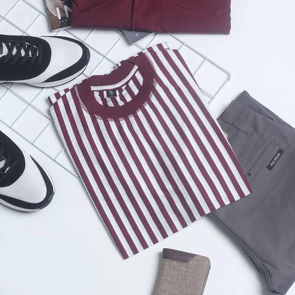 Kaos Salur Pria Dewasa Katun Combed 30S Lengan Pendek Baju Blaster Distro Oblong Stripe Motif Garis-garis Tanpa Kerah M L XL Vertikal Horizontal