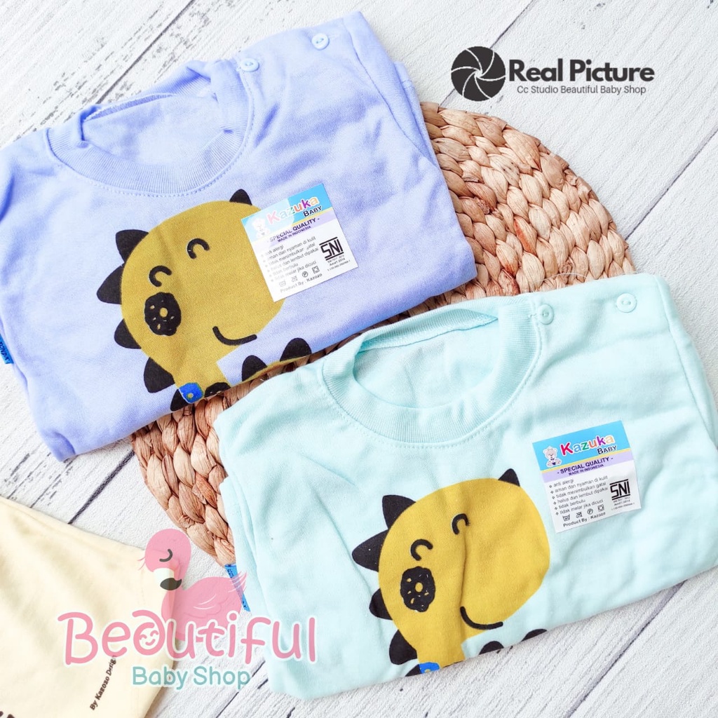 Setelan Baju Bayi Lengan Pendek Celana Pendek SNI 3-12 Bulan Motif Dino / Baju Bayi Pendek / Setelan Harian Bayi Merk Kazuka / Kaos Oblong Bayi &amp; Anak Kancing Pundak / Baby.ou