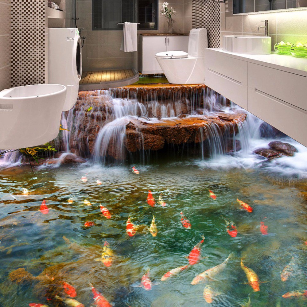 Custom 3d Floor Wallpaper Waterfall Carp Bathroom Floor Mural