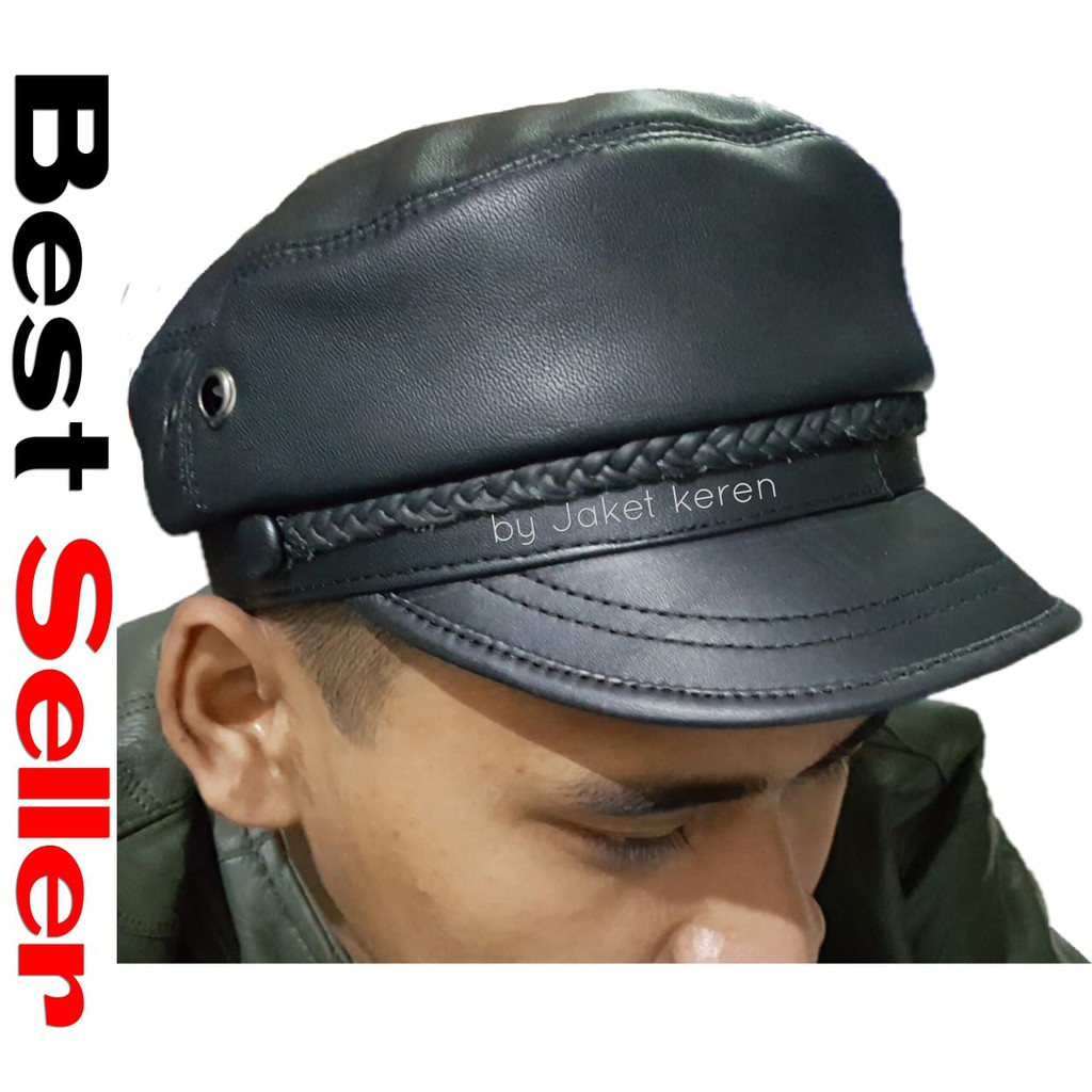 Topi pria kulit asli nahkoda polisi