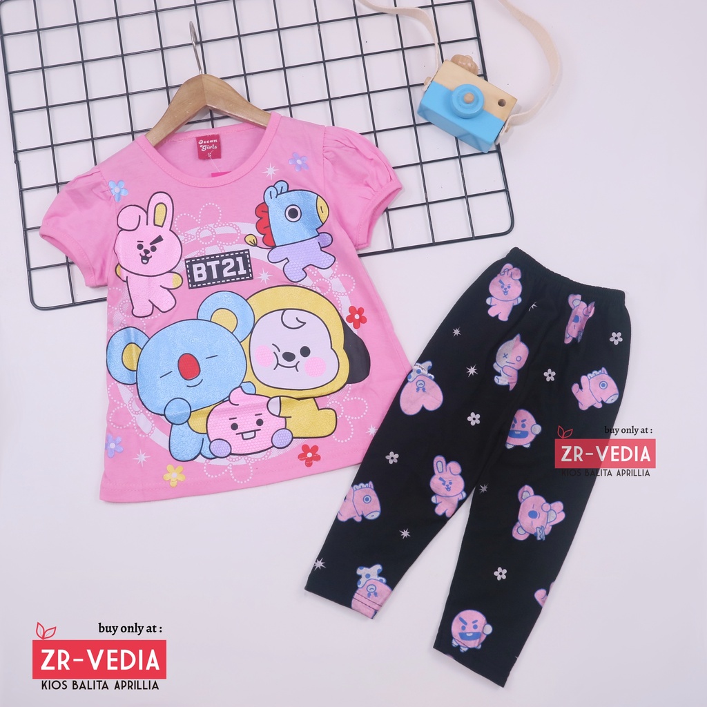 Setelan Plufy Kids Uk 2-6 Tahun / Baju Anak Perempuan Set Kids Legging Kaos Karakter Celana Panjang