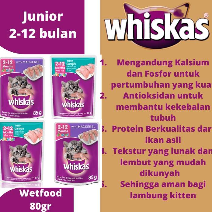 WHISKAS Junior makanan kucing basah kitten 80gr rasa tuna dan mackarel original Termurah