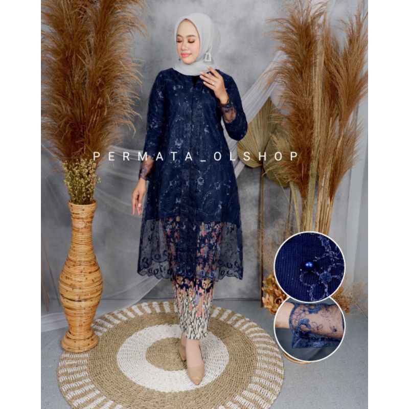 Kebaya Moderen Tulle - Kebaya Tunik Tulle Busui - Kebaya Terbaru - Kebaya Tunik Floy Kutu Baru - Kebaya Seragam - Kebaya Busui-Navy