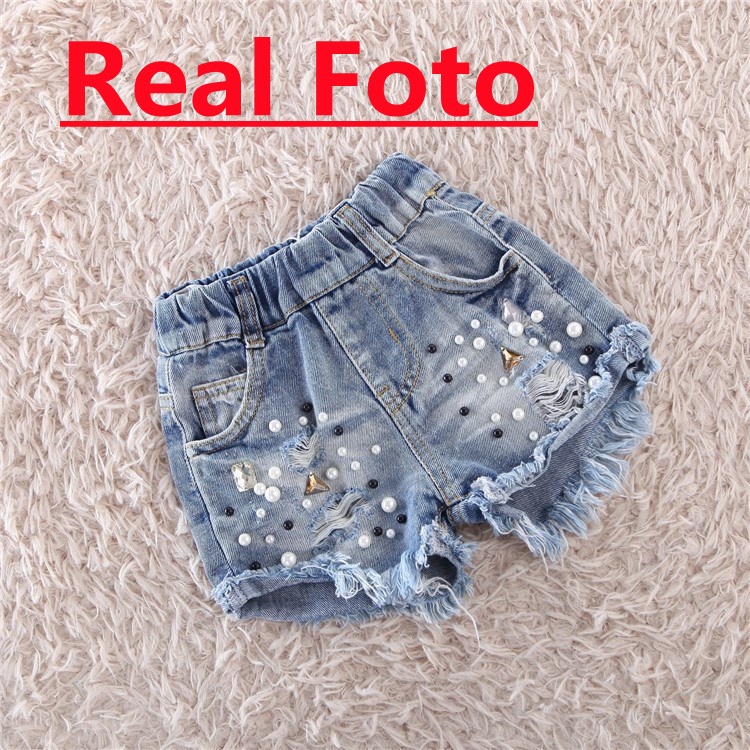 Untuk 1-12Tahun Jeans Celana Anak Perempuan Pearl Dekoratif Fringe Cewek Jins Celana Pendek Denim Berongga