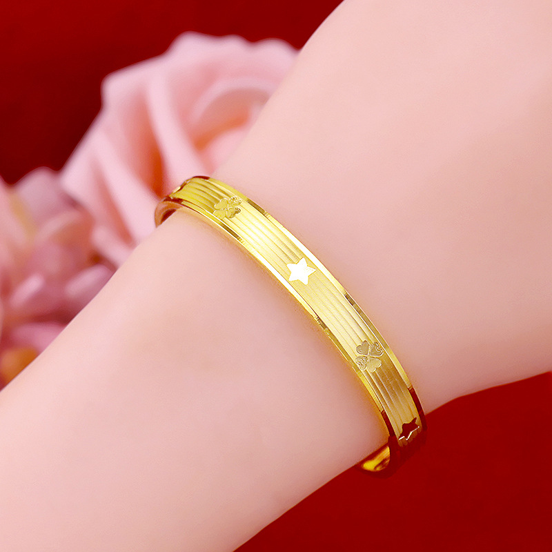 Gelang Model Terbuka Desain Clover Bahan Lapis Emas Asli Kadar 375 Untuk Wanita