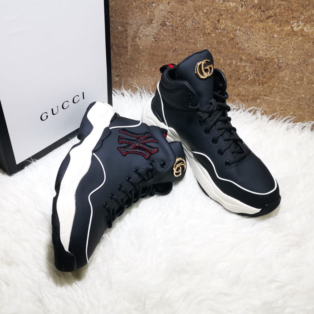 sepatu gucci boots pria mirror sneaker high end full kulit asli cowok hitam