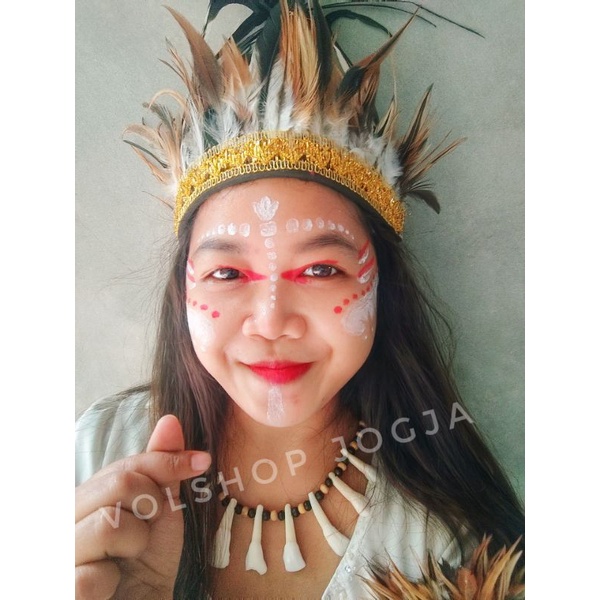 ACCESSORIES BULU ADAT PAPUA DAYAK KALUNG GIGI DAN MAHKOTA BULU TANGAN KAKI [PAKET KOMPLIT LEBIH HEMAT] UNTUK BAJU ADAT ANAK MAUPUN DEWASA HEAD PIECE TRADITIONAL COSTUME