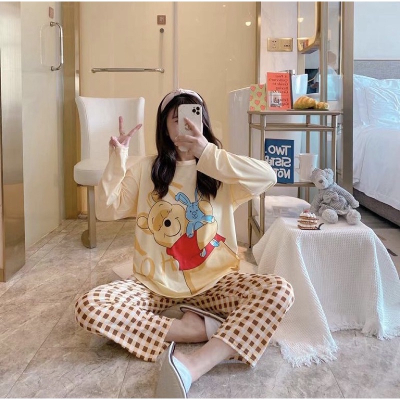 JC- Stelan Import Oversize Premium PP / Stelan piyama import Panjang  / piyama Korea Bigsize Import-Pooh Bunny Cream PP