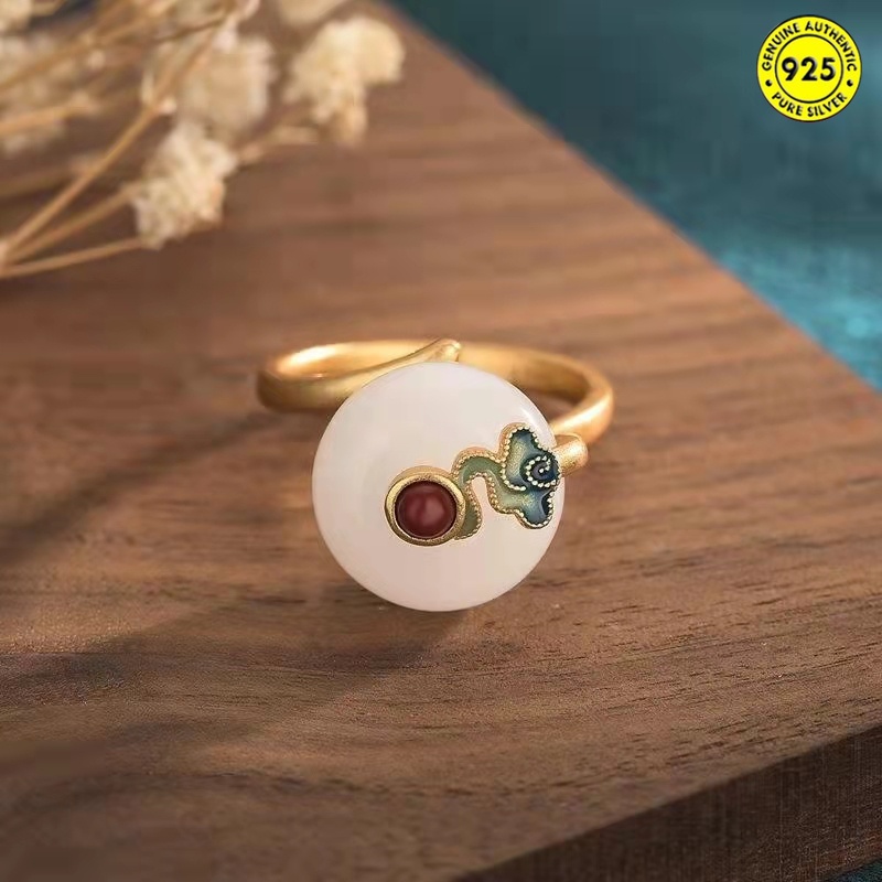 Cincin Enamel Desain Xiangyun Jade Hetian Gaya China Retro Untuk Wanita