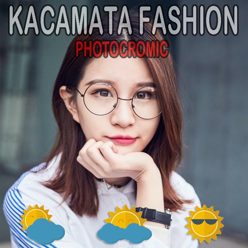 Kacamata Photocromic Wanita Pria Gratis Lensa Potokromik Berubah Warna Fotocromic Frame Bulat Round