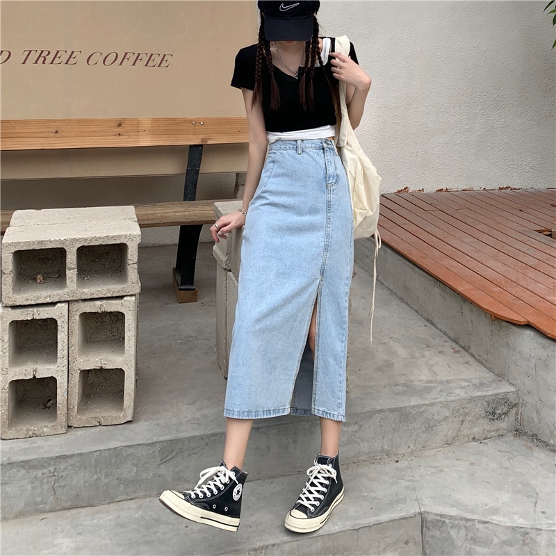 rok denim pinggang tinggi rok midi korea style high waist retro rok a-line