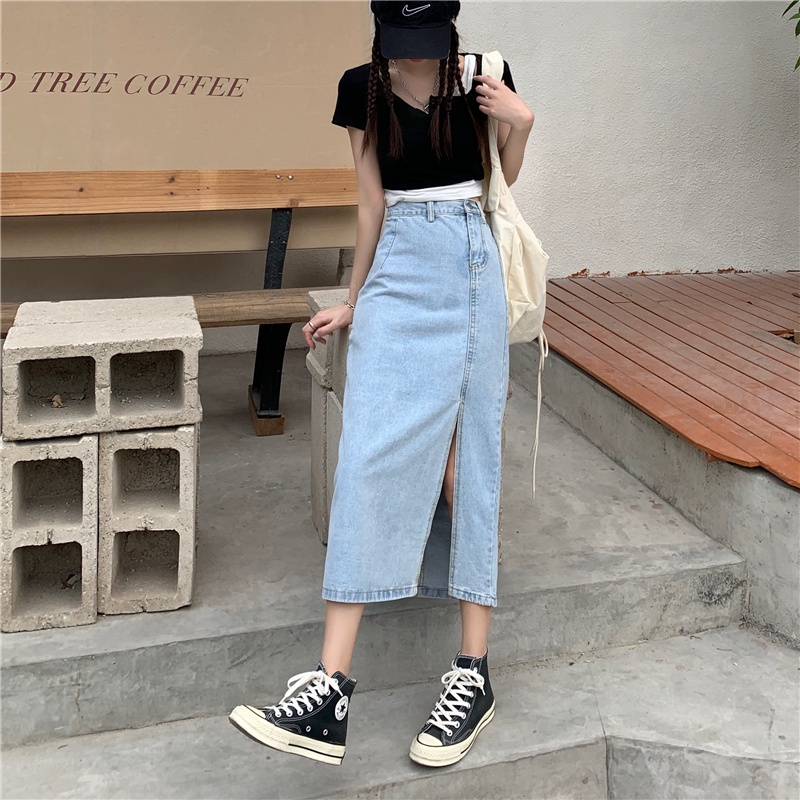 rok denim pinggang tinggi rok midi korea style high waist retro rok a-line