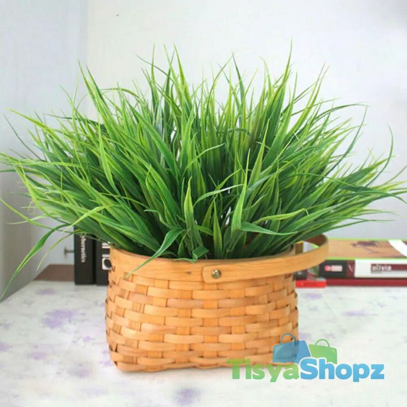 Bunga Rumput 7 cabang Hijau / Daun Rumput Artificial Plastik [ TANPA POT ]