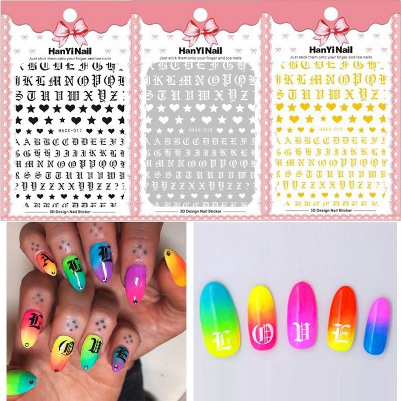 Stiker Kuku Motif Karakter Huruf Warna Emas 3D untuk Nail Art