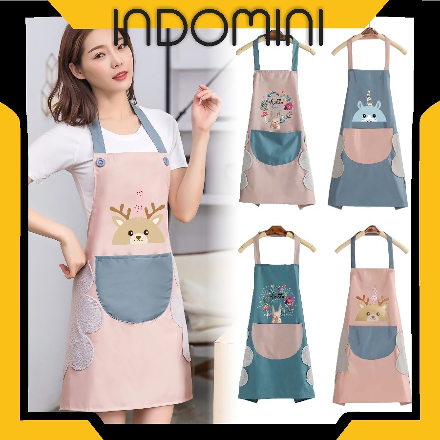 INDOMINI R394 Celemek Masak Apron Tebal Waterproof Kain Dapur Penutup Memasak Dapur Oxford Cloth Apron Tahan Air Dan Tahan Minyak Motif Karakter