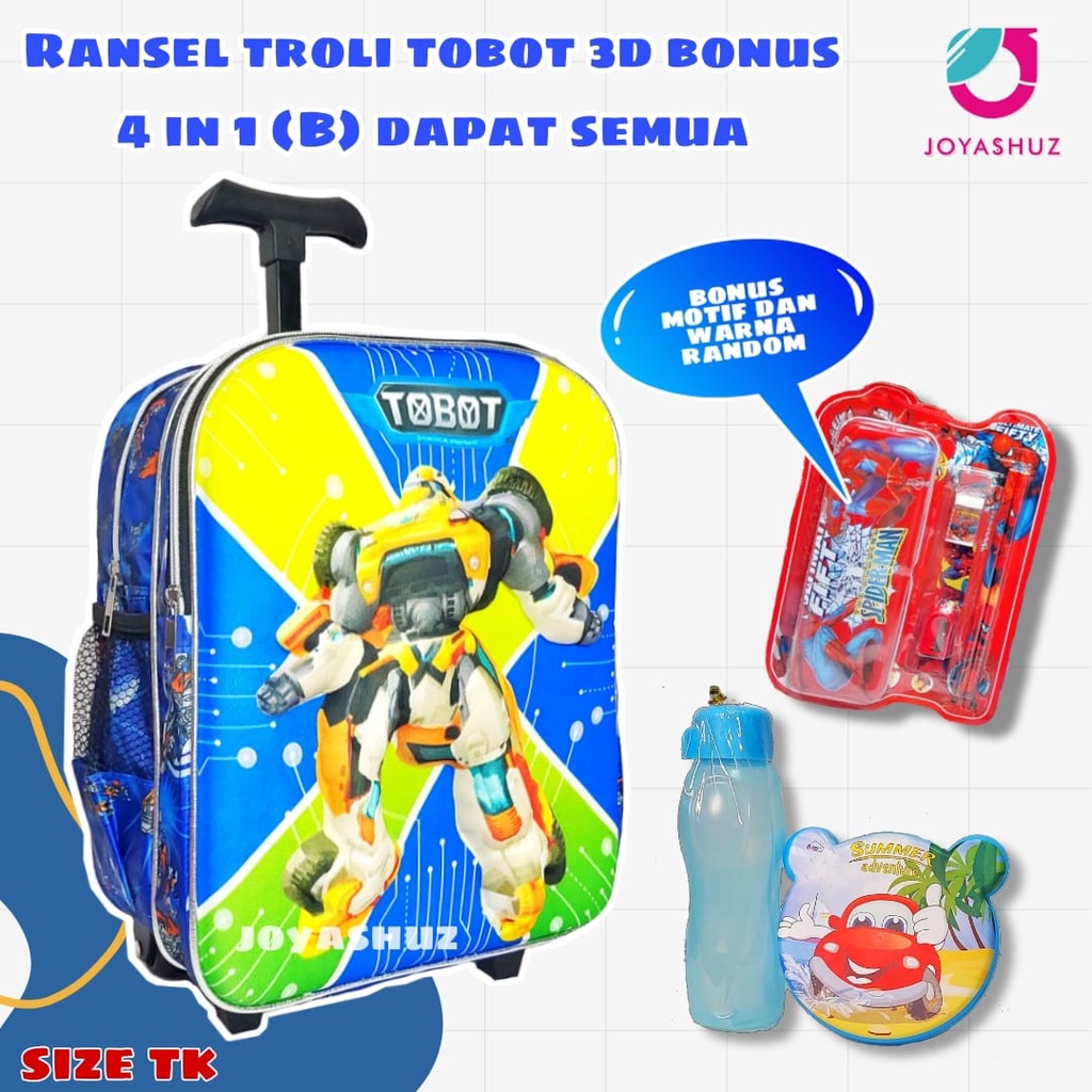 Tas Troli Anak Laki Laki Karakter Tobot Gratis Bonus - Ransel Anak Laki-laki - Ransel Troli Anak TK - Troli Tobot 3D - Tas Gratis Botol -  Tas Sekolah Anak Troli - Tobot - Tas Dorong Tobot - Joyashuz