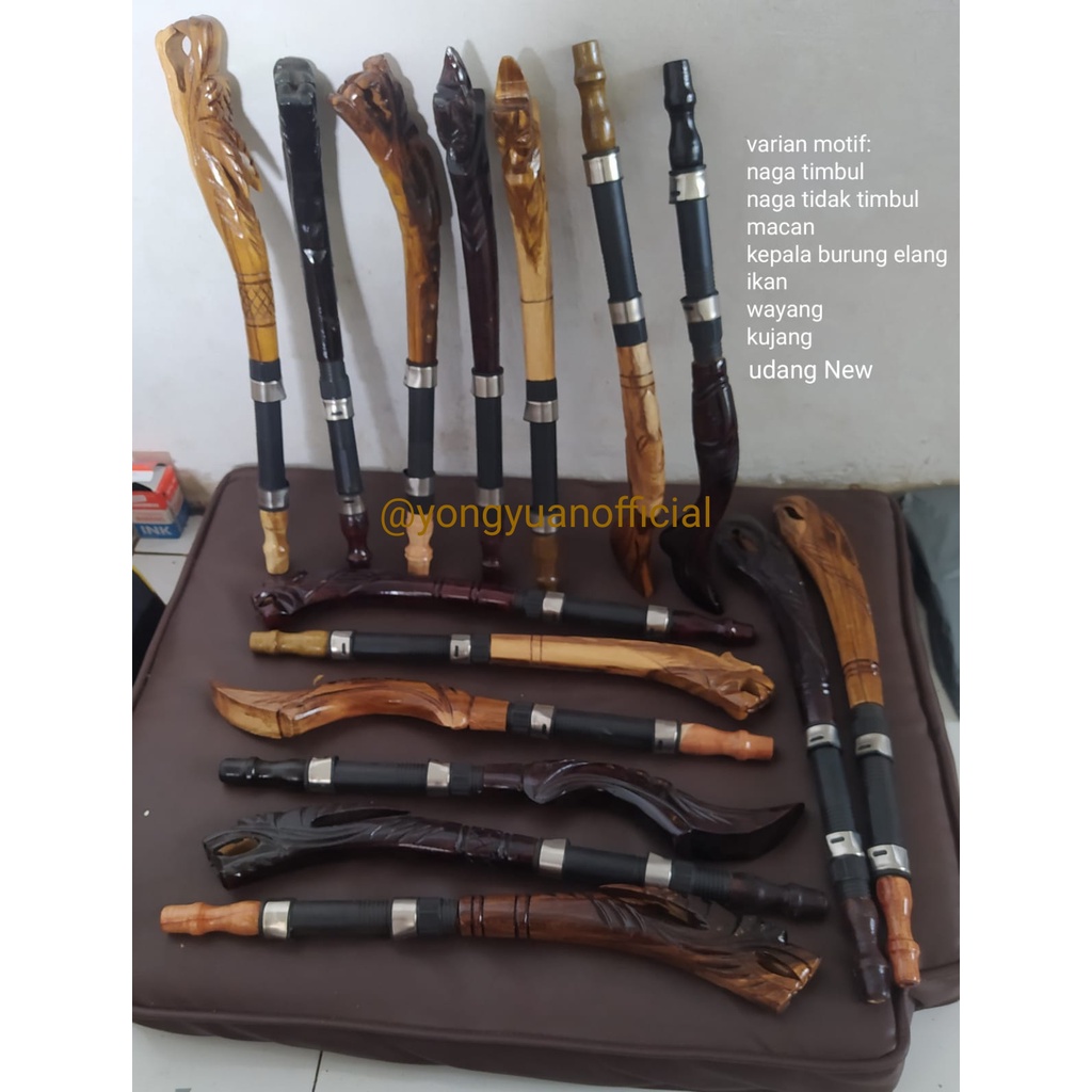 gagang joran kayu ukir motif wayang,naga,macan,elang,ikan,udang,kujang