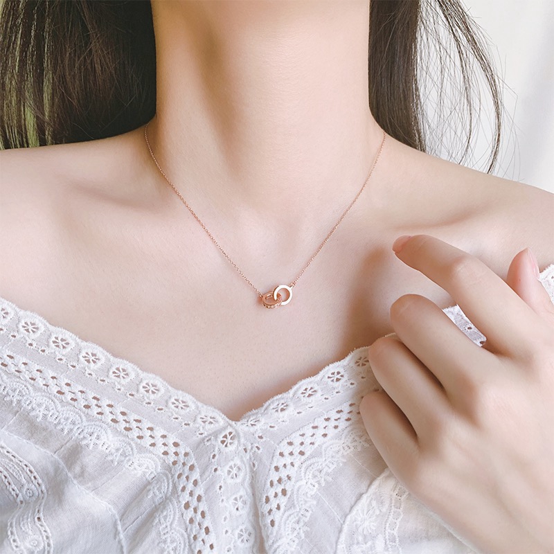 Set Kalung Rantai Klavikula Cincin Ganda Berlian Penuh Warna Rose Gold Silver Untuk Wanita