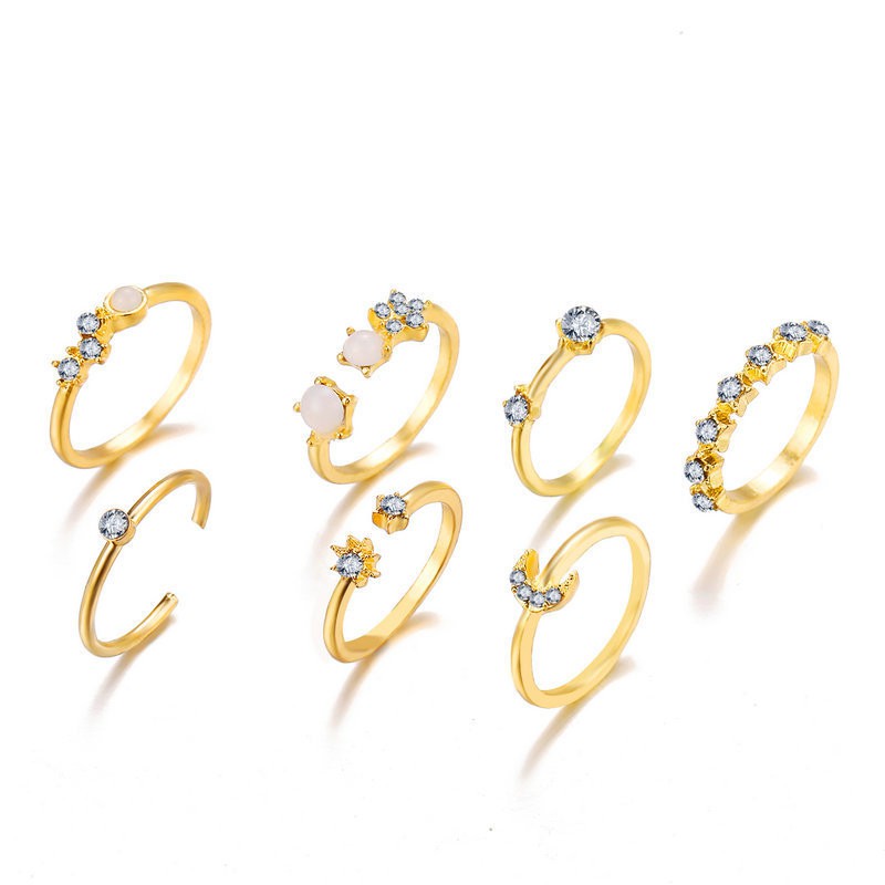 Set Cincin Vintage Gold Crystal Ring Set Bohemian Moon Star Rings Women Finger Ring Wedding Jewelry