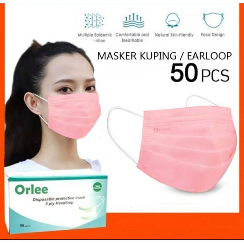 Orlee Non Medis Surgical Mask Cantol Earloop isi 50pc 3ply Sudah Kemenkes