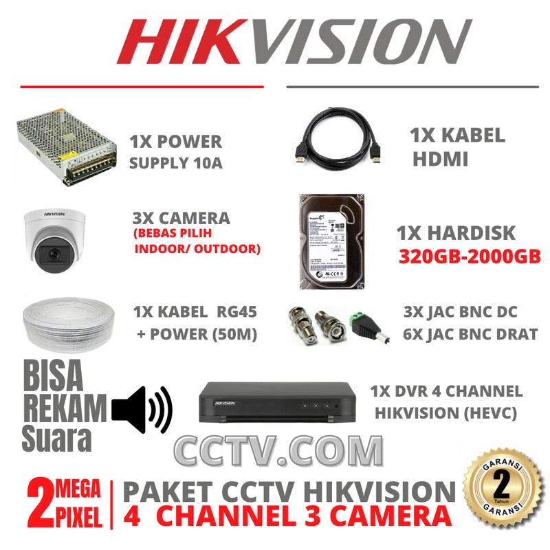 PAKET CCTV HIKVISION 4 CHANNEL 3 KAMERA BEBAS PILIH 2MP TURBOHD/AUDIO 1080P KOMPLIT TINGGAL PASANG