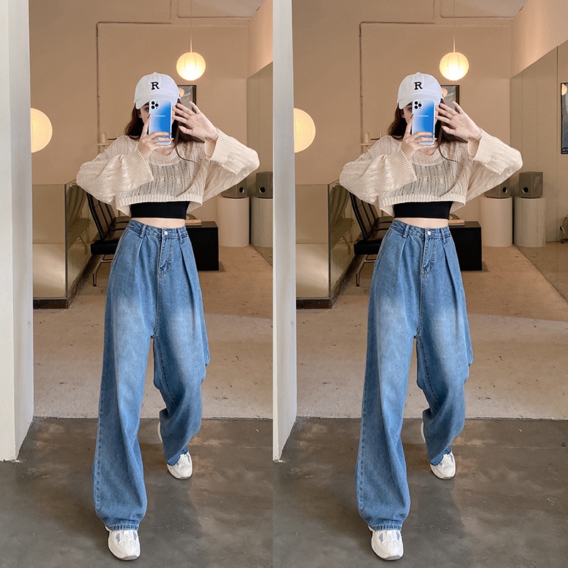 2022 Baru Import Highwaist Panjang Kekinian Biru Retro Kulot Jeans Wanita